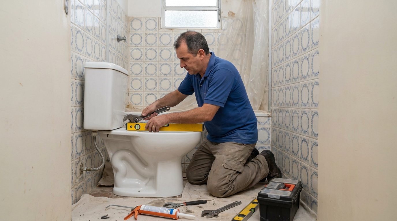 Técnico instalando vaso sanitário em Belém‑PA